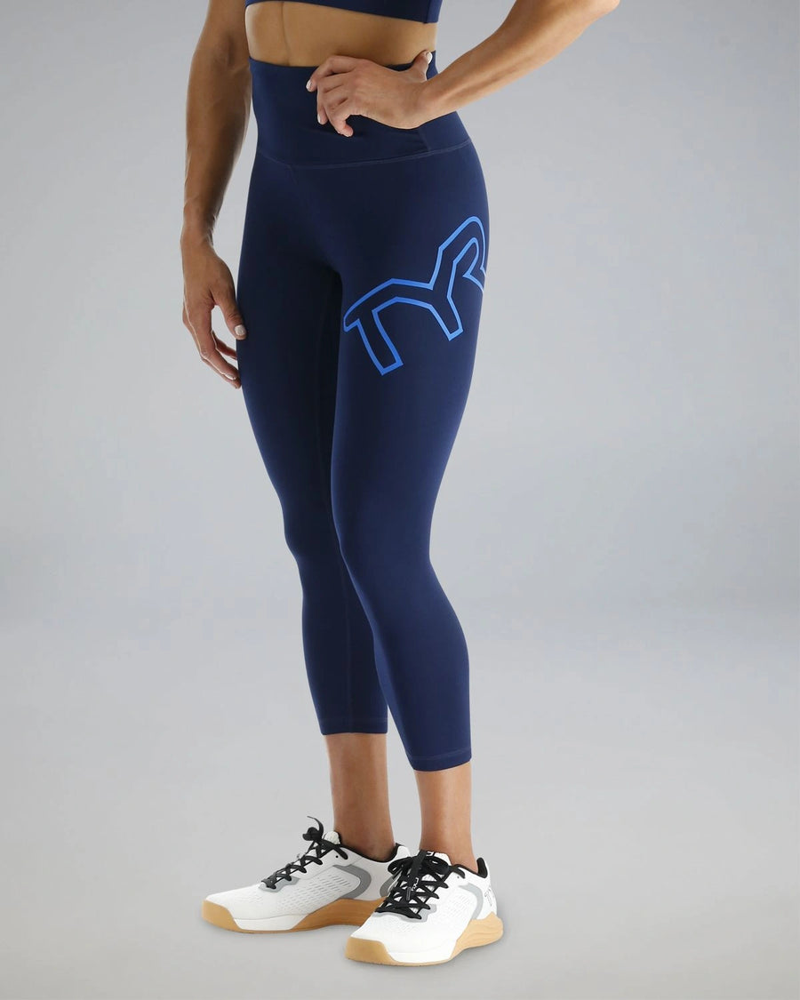 TYR Base Kinetic™ Women's High-Rise 3/4 Logo Leggings - Solid Navy