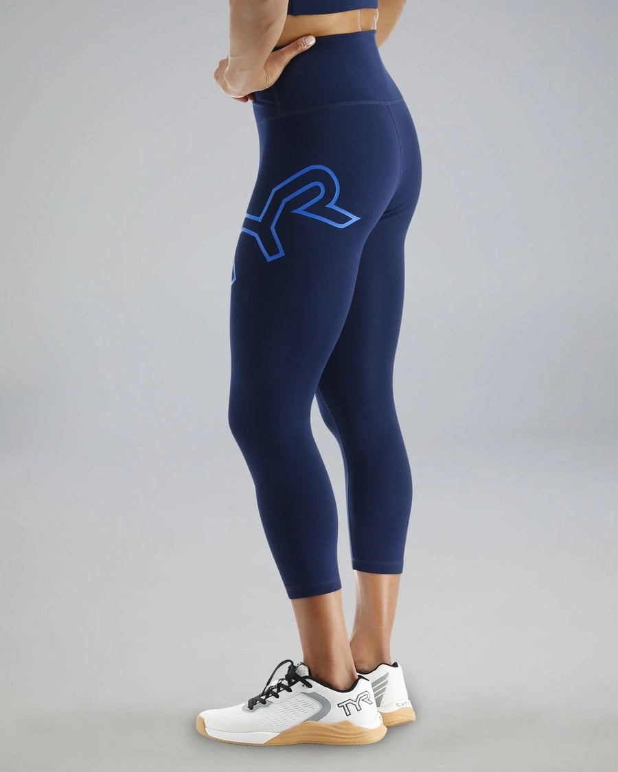 TYR Base Kinetic™ Women's High-Rise 3/4 Logo Leggings - Solid Navy