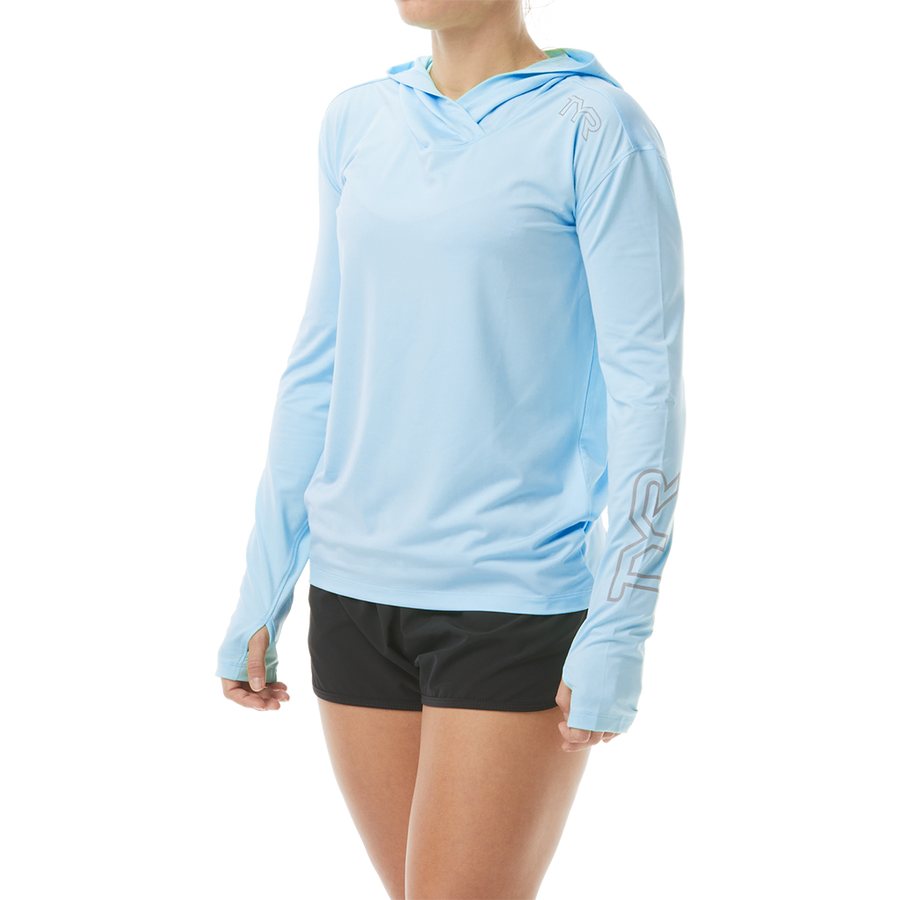 TYR Women's SUNDEFENSE™ Sky Blue Hooded Long Sleeve Shirt