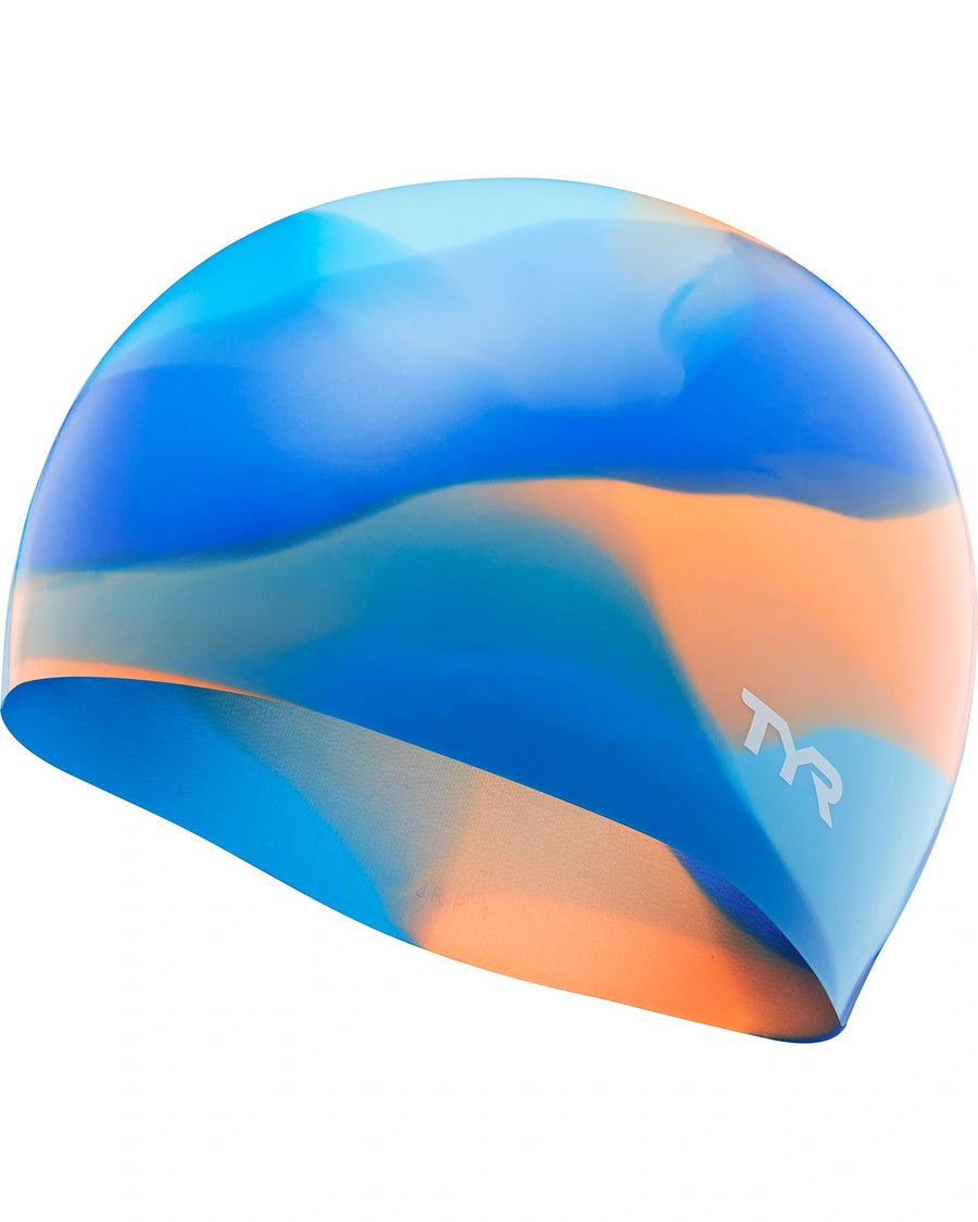 TYR Tie Dye Silicone Youth Swim Cap - Blue/Orange